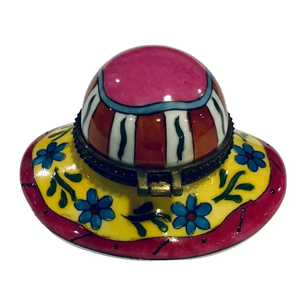 Hat Cap Bonnet Trinket Pill Box Pink Yellow Floral Colorful Ceramic Hinged